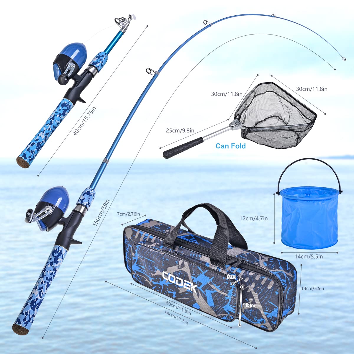 CODEK Kids Fishing Pole Set with Full Starter Kits 2 Set Portable Telescopic Fishing Rod and Spincast Reel Cambos with a Fishing Net and 2 Buckets for Boys Girls and Youth (Blue+Orange)