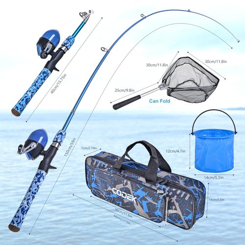 CODEK Kids Fishing Pole Set with Full Starter Kits 2 Set Portable Telescopic Fishing Rod and Spincast Reel Cambos with a Fishing Net and 2 Buckets for Boys Girls and Youth (Blue+Orange)