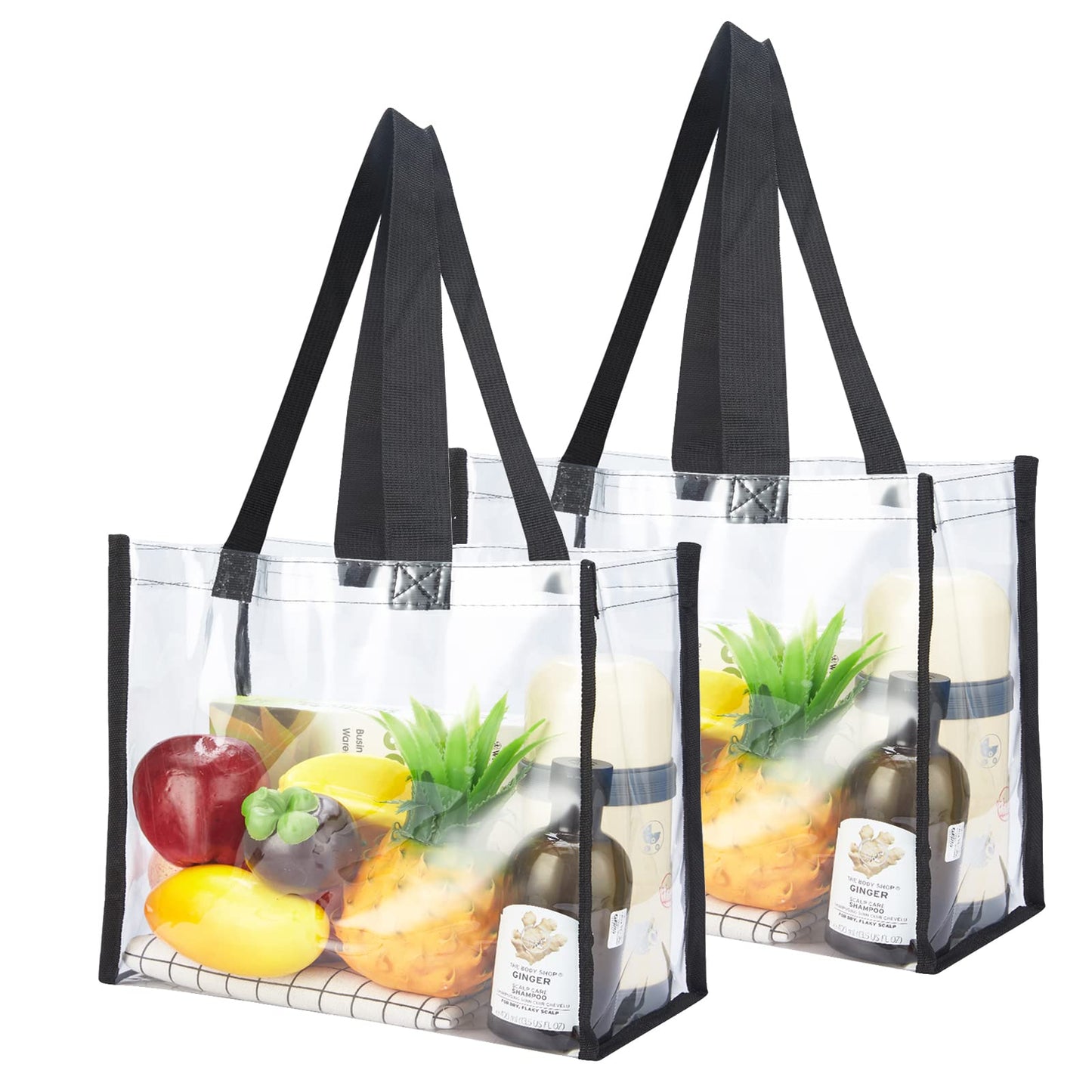 HAOGUAGUA 2-Pack Clear Tote Bag Stadium Approved 12x12x6, Transparent See Through Clear Tote Bag for Work, Sports Games, Concerts, Beach (Black)