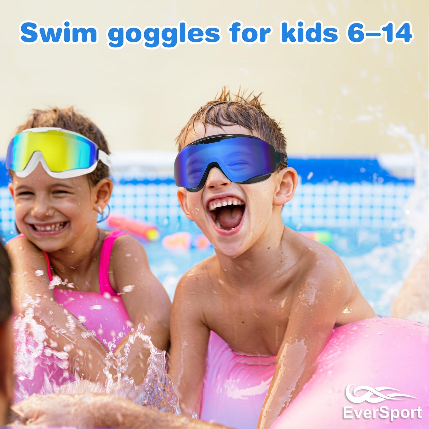 EverSport 2 Pack Kids Swim Goggles Frame Less Design Anti-fog UV Protection Clear Wide Vision No Leak, Water Pool Swimming Goggles for kids 6-14 8-14 8-12 Youth Children Boys Girls