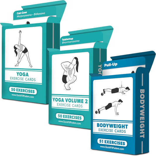 3 Pack - Exercise Cards - Yoga Poses Volume 1 & 2 + Bodyweight Exercises - Yoga Positions and Body Weight Workout Fitness Cards - 2.5" x 3.5"