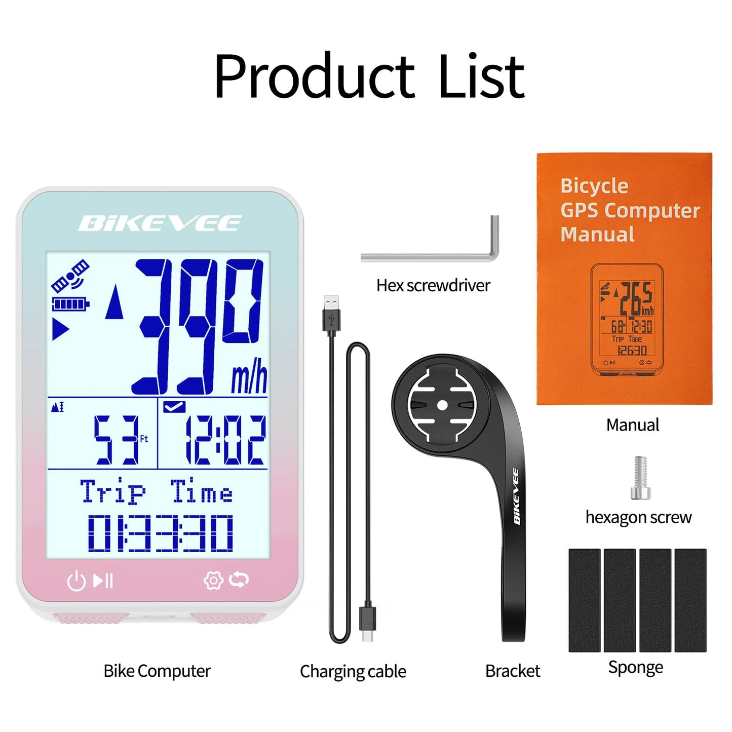 Bikevee GPS Bike Computer Wireless Bicycle Speedometer Odometer 9 Languages Auto Backlight Auto Start Stop IPX7 Waterproof 2.4 Inch LCD with Out Front Mount Supports MPH KMH - Pink