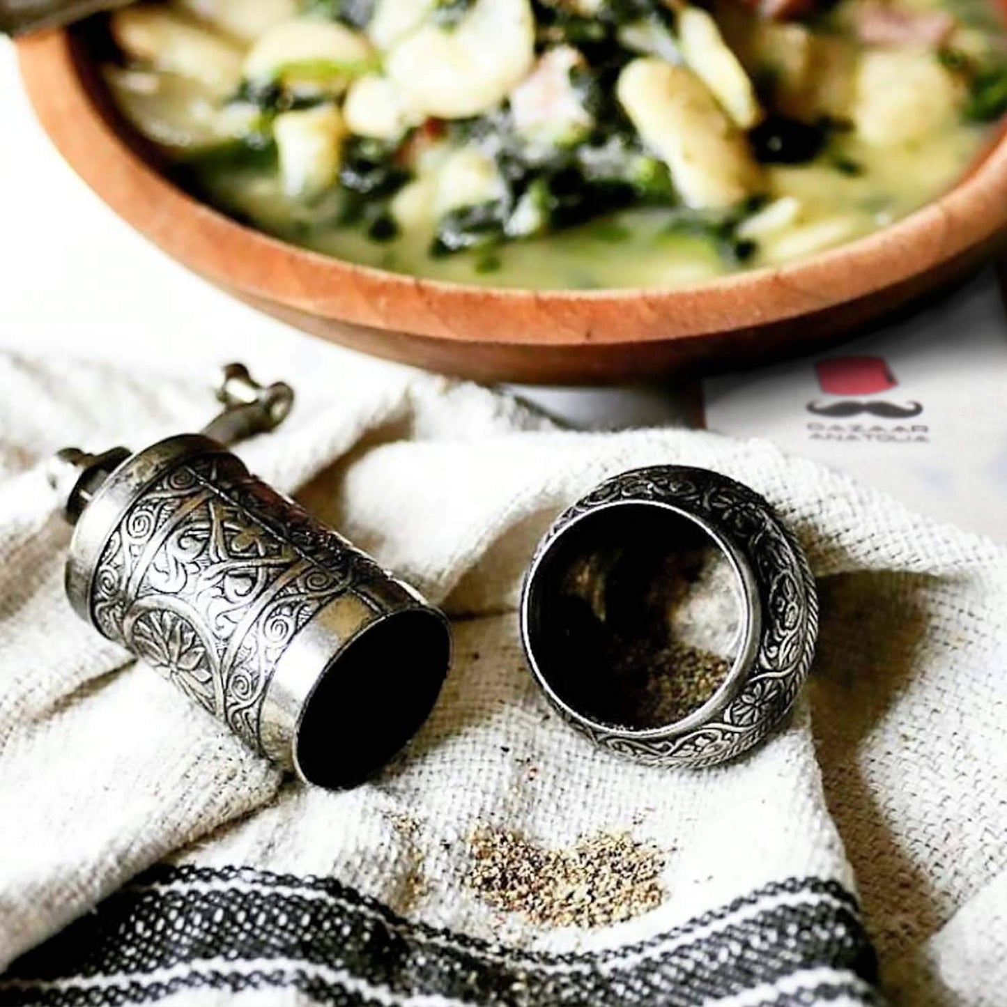 Bazaar Anatolia Turkish Pepper Mill Grinder Refillable Spice 4.2" Manual Crank Handle (Dark Silver)