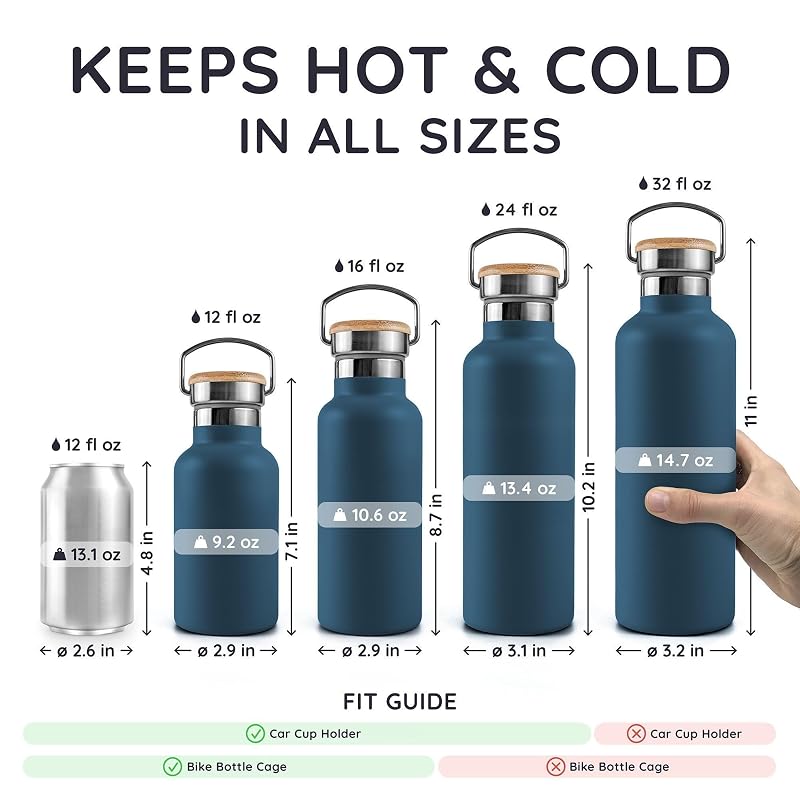 Aegean Blue Bambaw 12 oz Insulated Water Bottle – Stainless Steel Hot & Cold Bottle, Wide Mouth, Fits Cup Holder