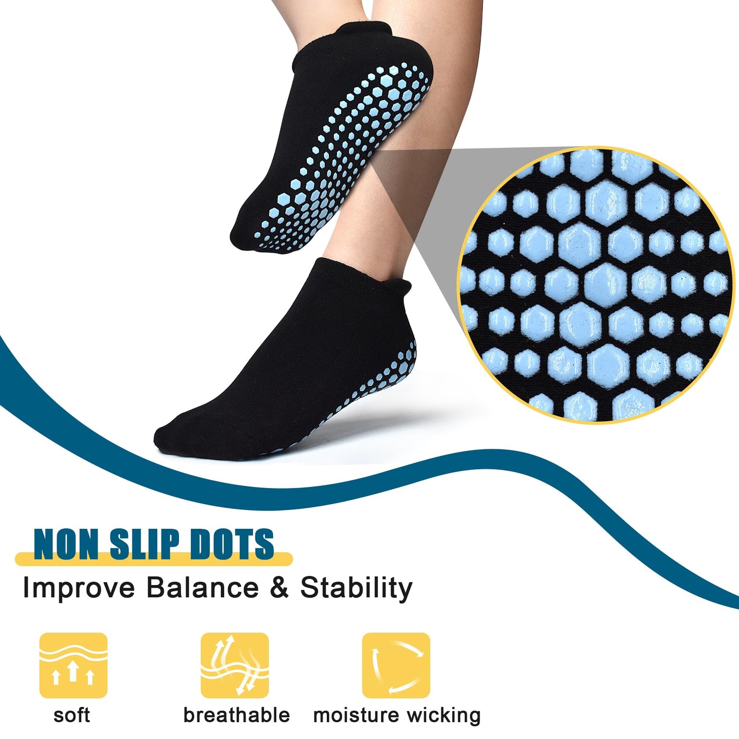 SkiBeaut 6 Pairs Non Slip UnisexGrips Socks Pilates Men Women Anti Skid Grippers Lady Mens Cushion Socks for Yoga Barre Home & Hospital, US Size 5-8