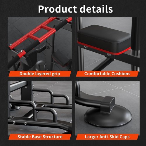 SogesHome Multifunctional Dip Stand Station, Heavy Duty Adjustable Pull Up Bar & Push Up Handles for Home Gym, 330LB Capacity Strength Training Fitness Equipment for Arms, Core, Whole Body, Black/Red
