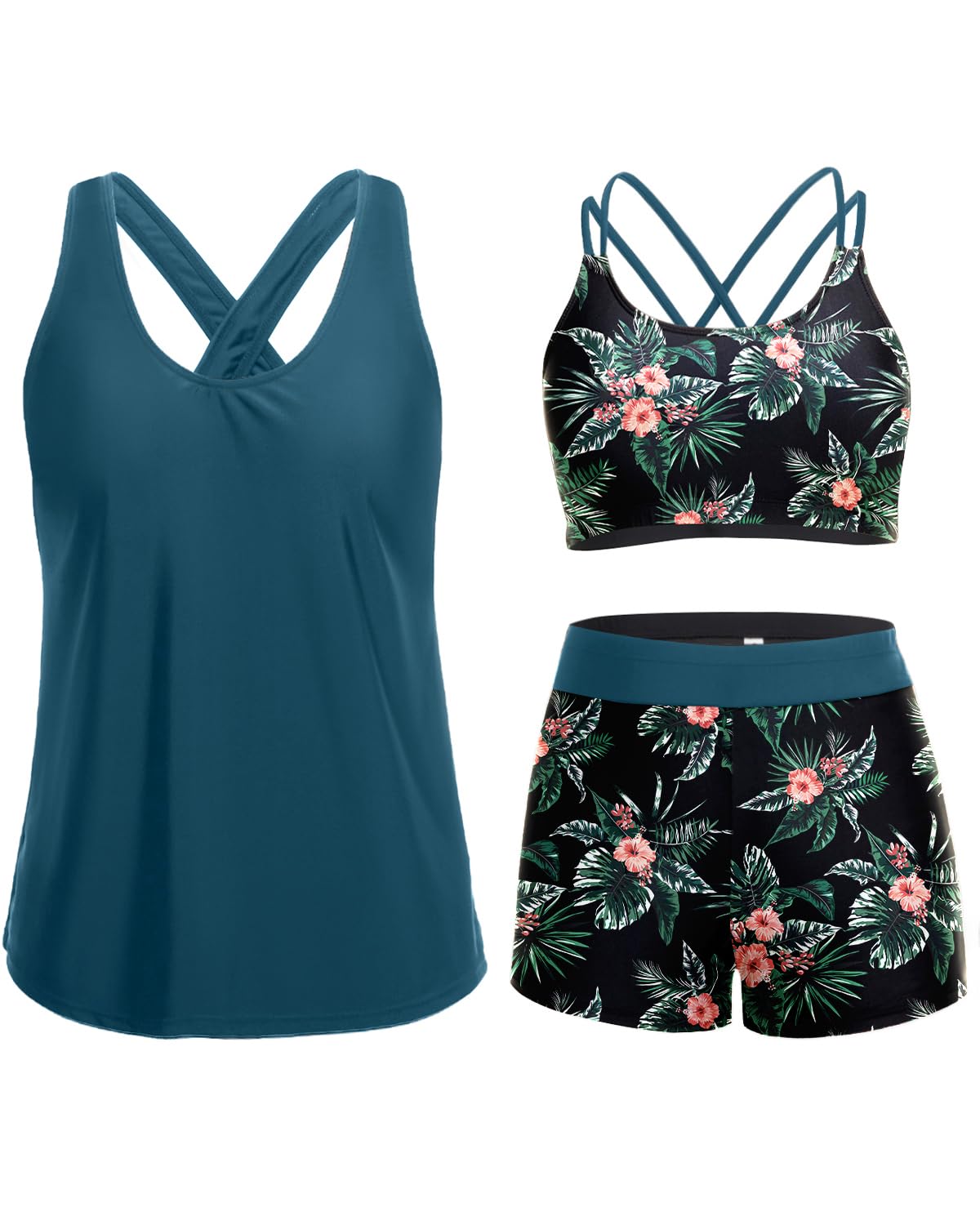 Holipick Green and Flower 3 Piece Tankini Swimsuits for Women Tummy Control Bathing Suits Swim Tank Top with Bra Boy Shorts Teen Swimwear XL