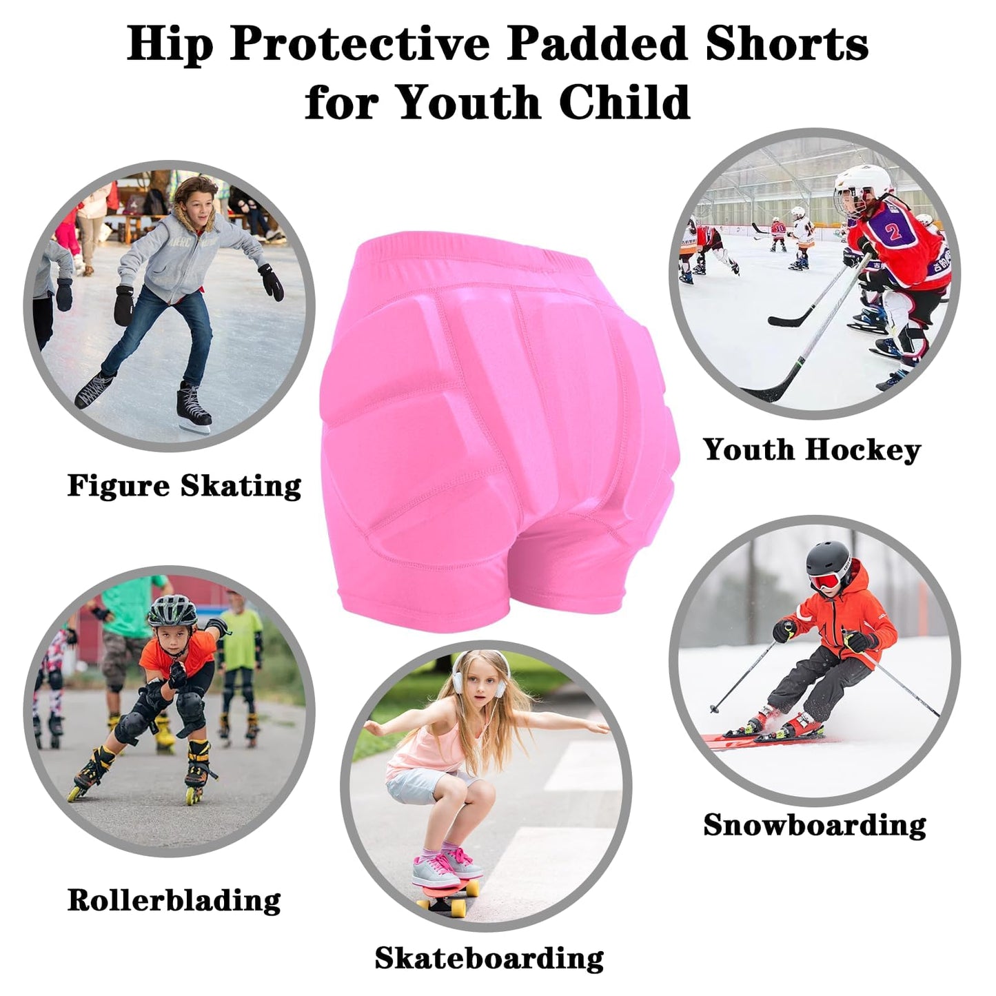 Kids Butt & Hip Padded Shorts for Skating,Youth Hip Protection Pads Figure Skating Shorts Crash Butt Pads for Tailbone & Butt (Pink, XX-Small)