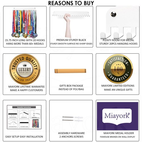 Miayork Runner Medal Hanger Display in White - Sturdy Marathon Medal Display Easy to Install-Race Medal Holder Wall Hanger for Sports Gymnastic,Soccer,Runner,Wrest,Football,Basketball