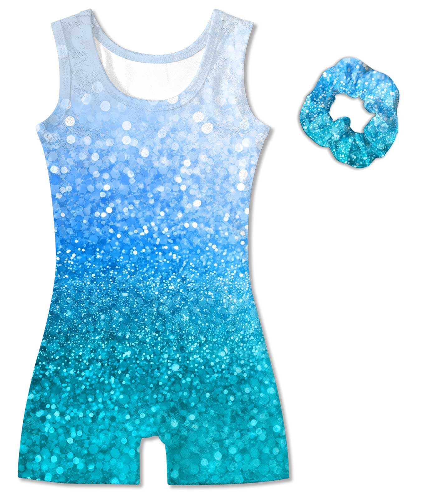 Vogseek Gymnastic Leotards for Girls 6 Years Blue Spakle Dots Tumbling Outfits with Matching Scrunchie 2 Piece Quick Dry Sleeveless Classic Dance Unitards Size 7