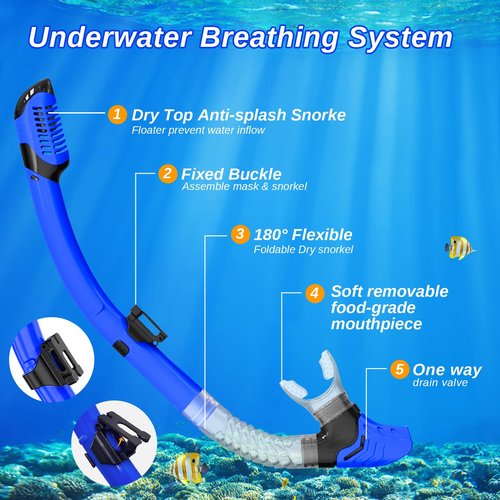 Snorkeling Gear for Adults Set & Dry Snorkel Set, 180° Panoramic Wide View Scuba Mask and Snorkel, Leak Proof Anti-Fog Swim Diving Mask for, Snorkeling, Swimming, Diving(Black Blue)