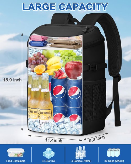 Pritent Cooler Backpack for Men Women Insulated Waterproof Backpack Coolers Leak Proof Cooler Bag Lightweight Lunch Backpack for Camping Beach Travel Picnic(Black,30 Cans)