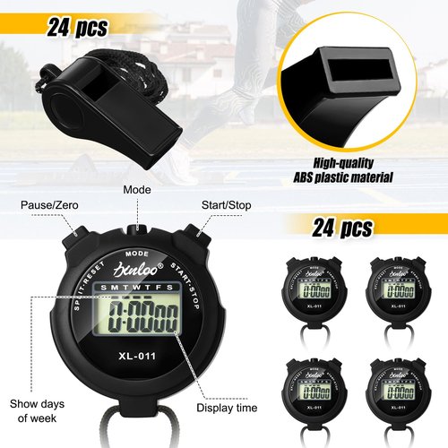 Simgoing 48 Pcs Digital Stopwatch Timer Plastic Whistle Bulk for Sports Coaches Referee Waterproof Watch Timer Whistle with Lanyard Multi Function Electronic Fitness Date Alarm (Black)
