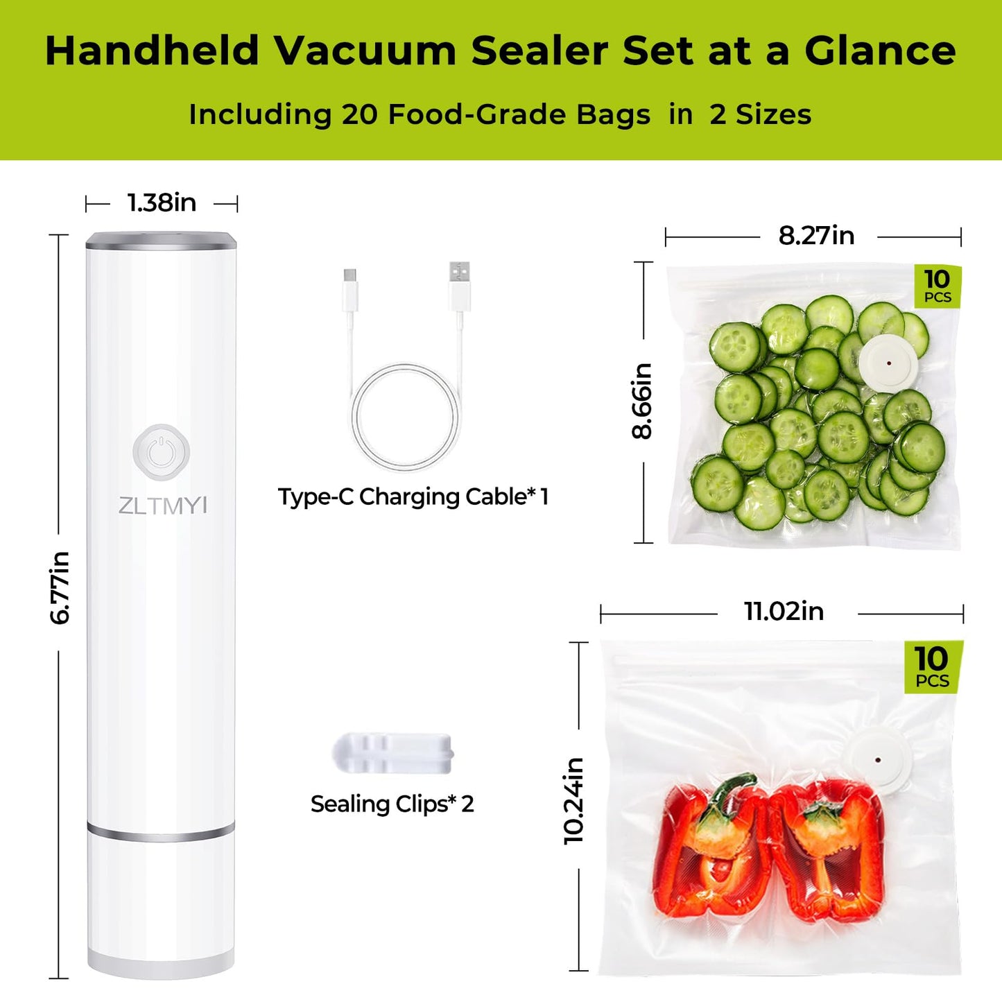 ZLTMYI Handheld Vacuum Sealer for Food with 20 Reusable Vacuum Bags