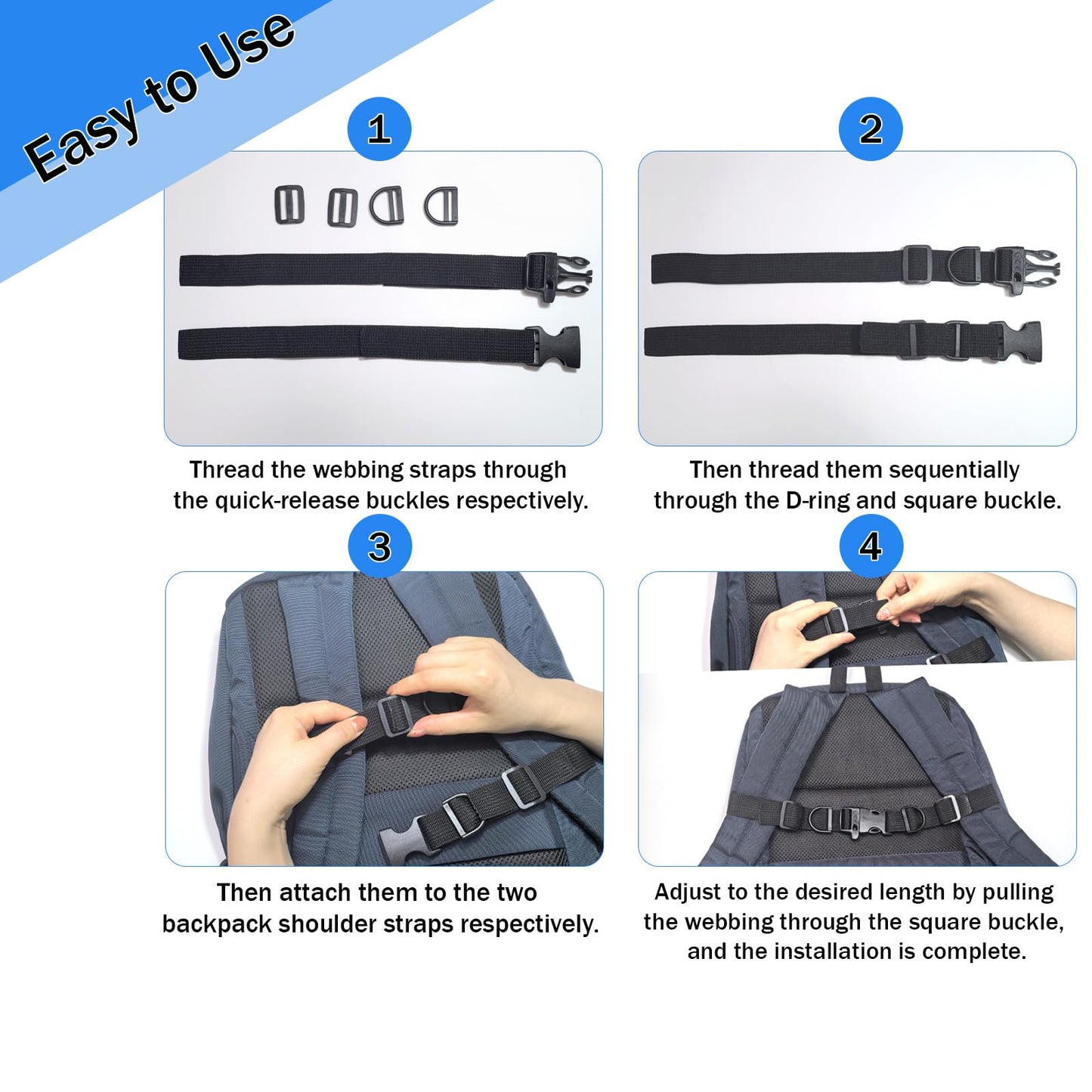 2 PCS Backpack Chest Strap Add on, Adjustable Sternum Straps for Backpacks and Schoolbag, Heavy Duty Backpack Waist Strap Chest Belt with Whistle Quick Release Buckle and Slide Lock for Hiking Jogging