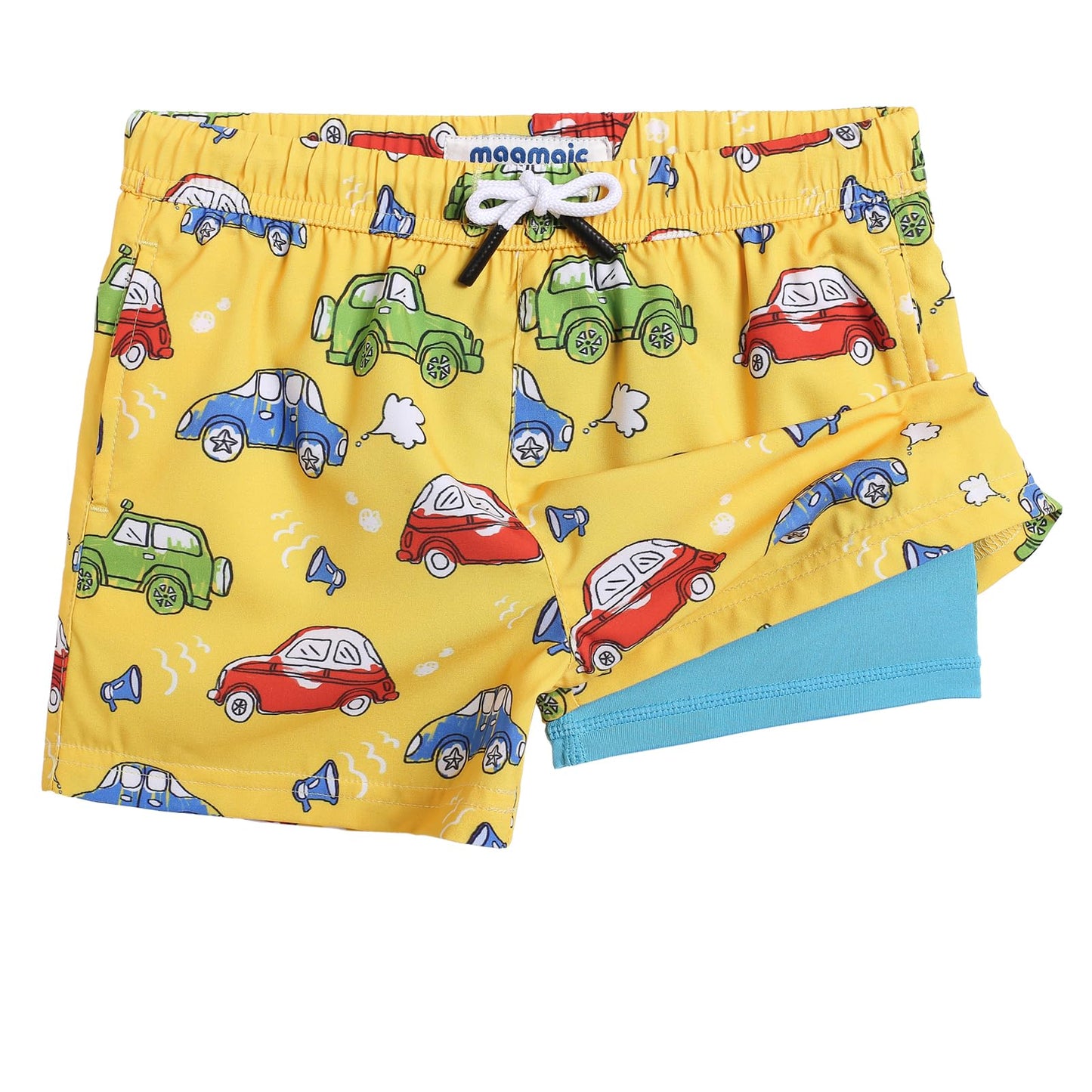 maamgic Boys Swim Trunks with Compression Liner Toddler Boy Swimsuit Quick Dry 4-Way Stretch Swimming Trunks Cartoon car Yellow 7 Years
