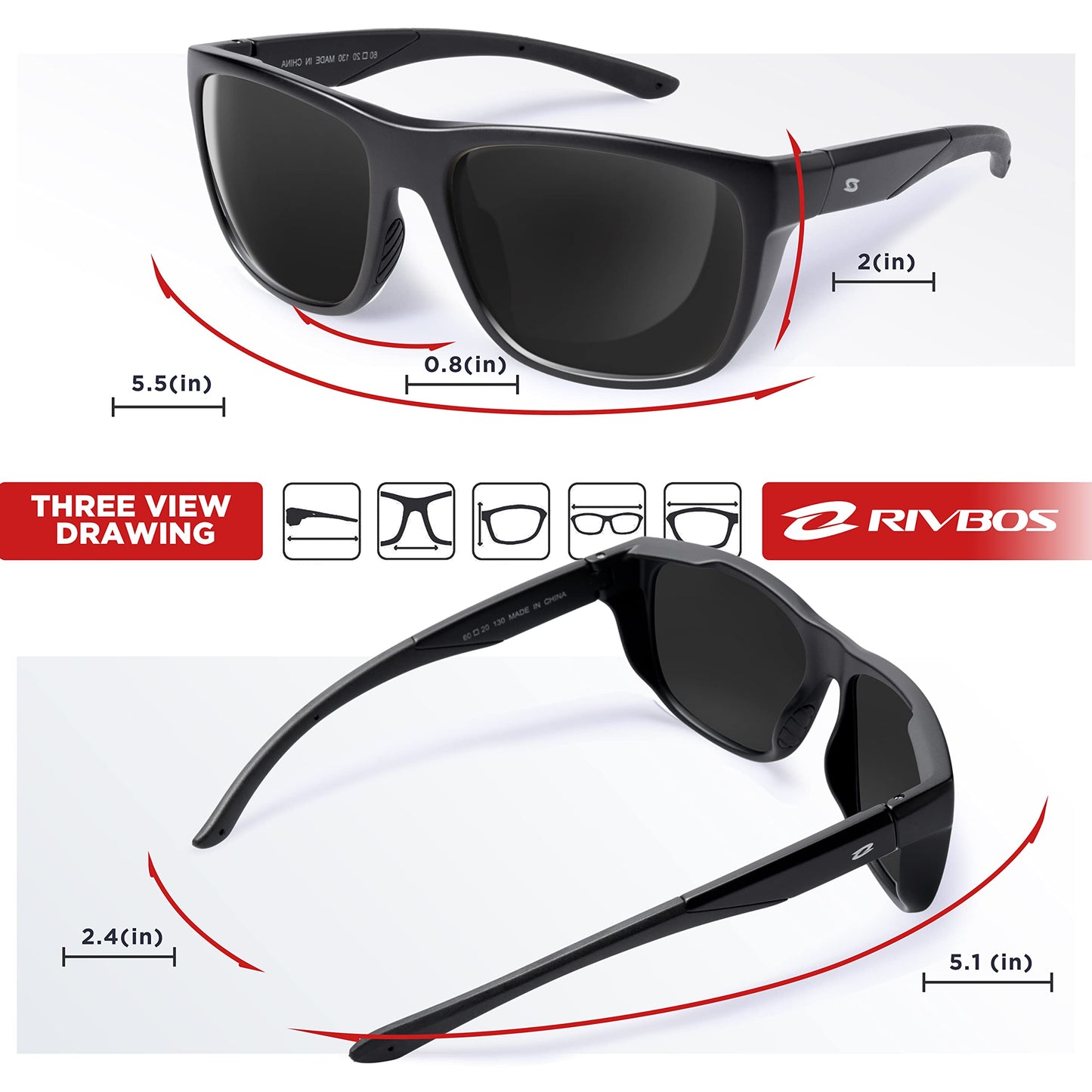RIVBOS Polarized Womens Mens Sunglasses Fashion UV Protection Sports Driving Baseball Golf Fishing RBS862-Black