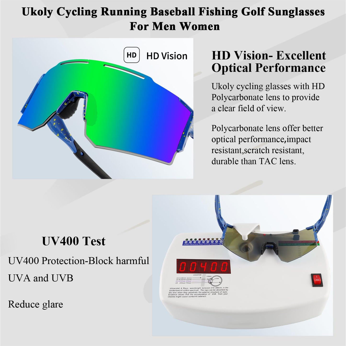 Ukoly Cycling Sunglasses with Interchangeable Nose Pad Men Women, Sports Sunglasses, Fishing Baseball Sun glasses