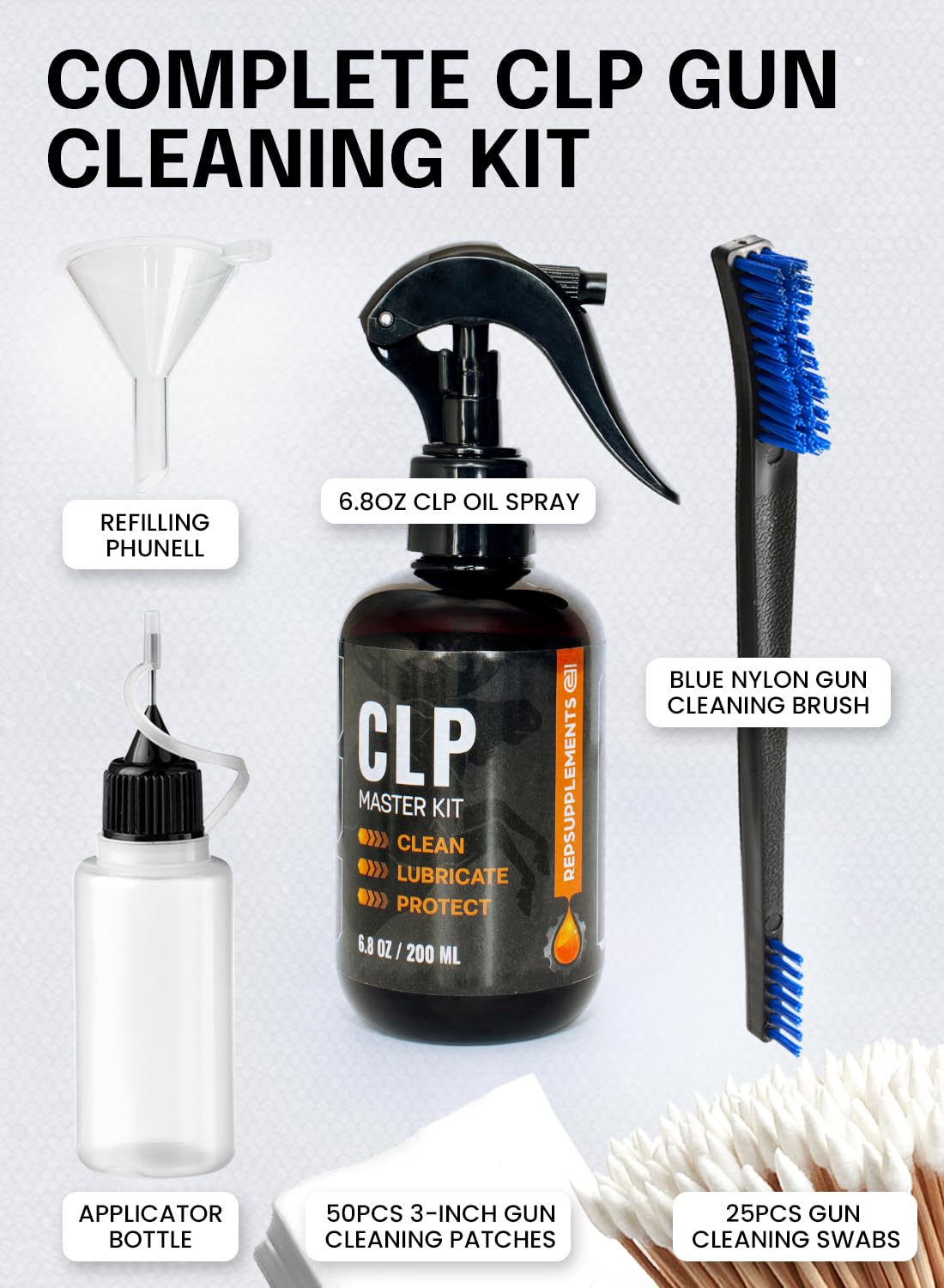 Gun Cleaning Oil Kit 3-in-1 Cleans, Lubes, Protects - 6.8 Oz Sprayer Gun Cleaner and Lubricant, Needle Oiler, Cleaning Patches, Cleaning Swabs and Brush - Gun Oil and Cleaning Kit