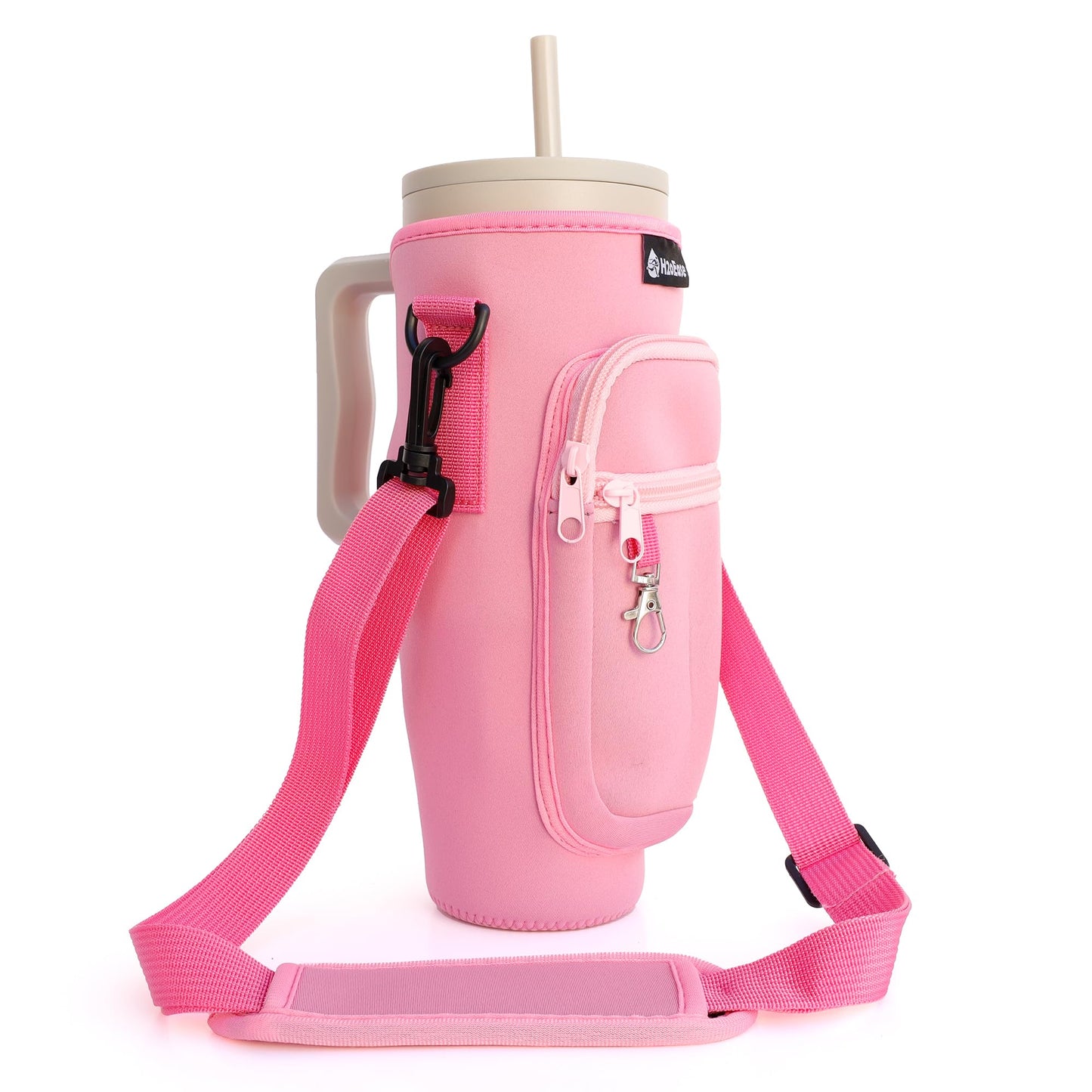 H2oEase Water Bottle Carrier Bag for Stanley Cup 40 oz - Insulated Neoprene Tumbler Carrier with Phone Pocket - Water Bottle Holder with Strap and Carabiner Compatible with Stanley- Pink