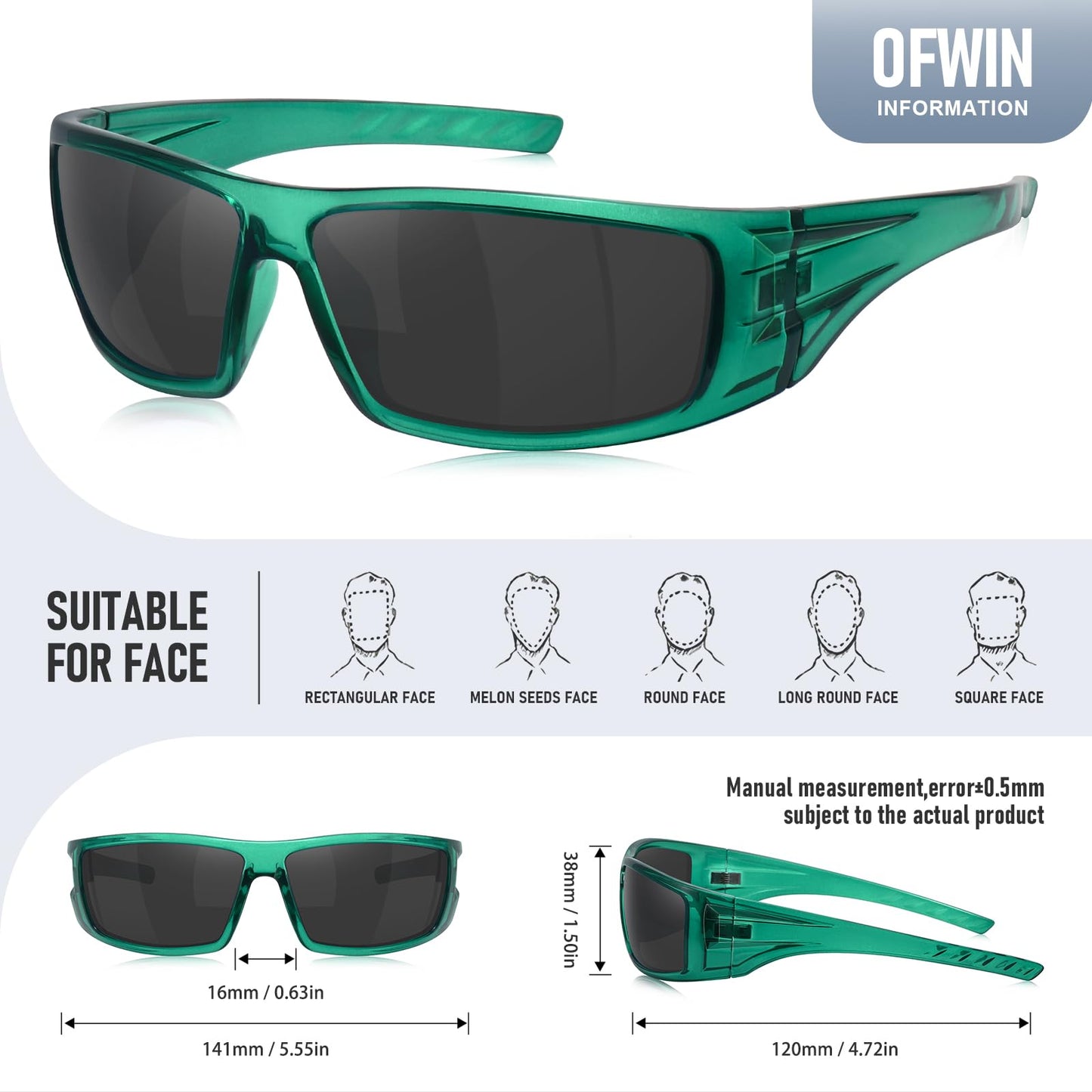 Ofwin Polarized Sports Sunglasses for Men Women Unbreakable Frame Cycling Fishing Wrap Around Sunglasses UV400 Protection 1-Clear Green/Gray Lens