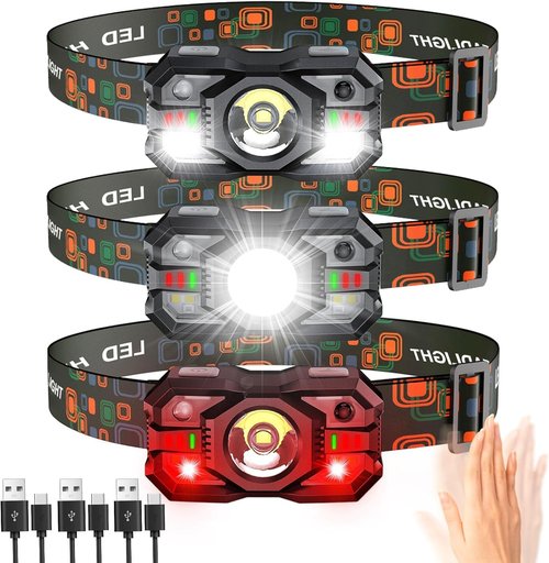 Rechargeable Headlamp Flashlight 3-Pack, 2000 Lumen Super Bright LED Headlight with Red Light, Motion Sensor for Adults Kid, Waterproof Lightweight Head Lamp for Outdoor Camping Running Hiking Fishing