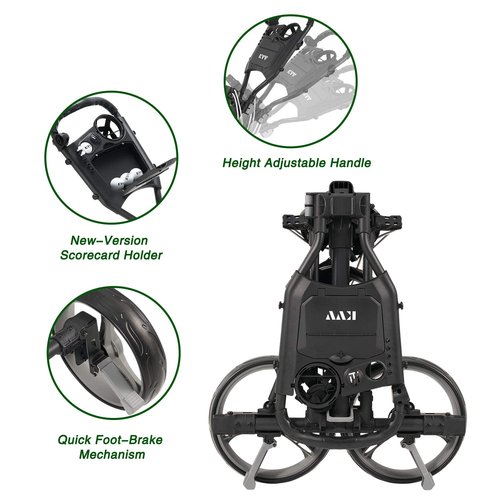 KVV 3 Wheel Compact Flat Folding Design Golf Push Cart with Lightweight and Sturdy Aluminum Frame, Charcoal