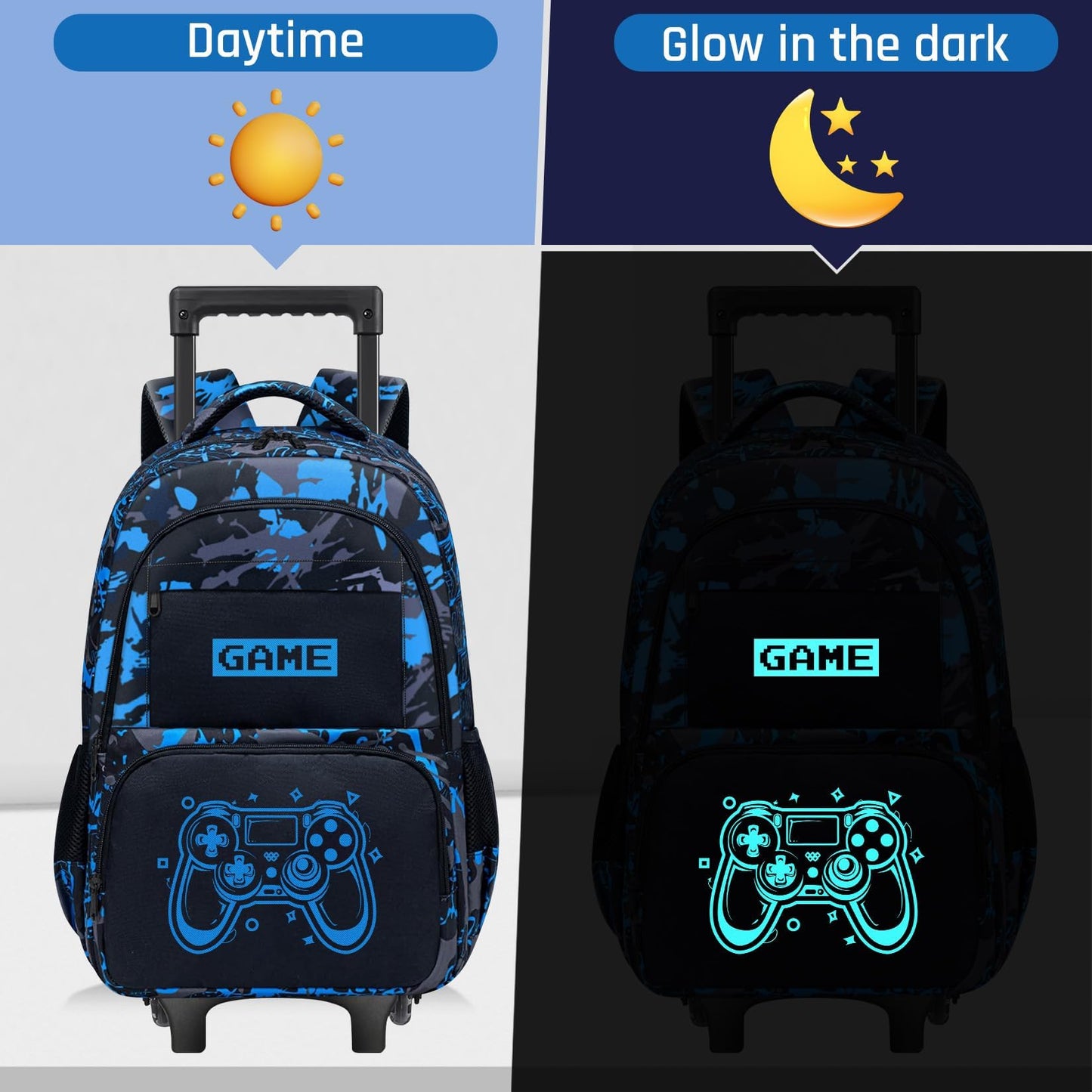 Fitvc Boys Rolling Backpack for Kids - Glow in The Dark Kids Rolling Backpack with Wheels for Elementary Middle School - Gamer Roller School Bookbag Aged 6-18, Wheeled Travel Bag Large Capacity