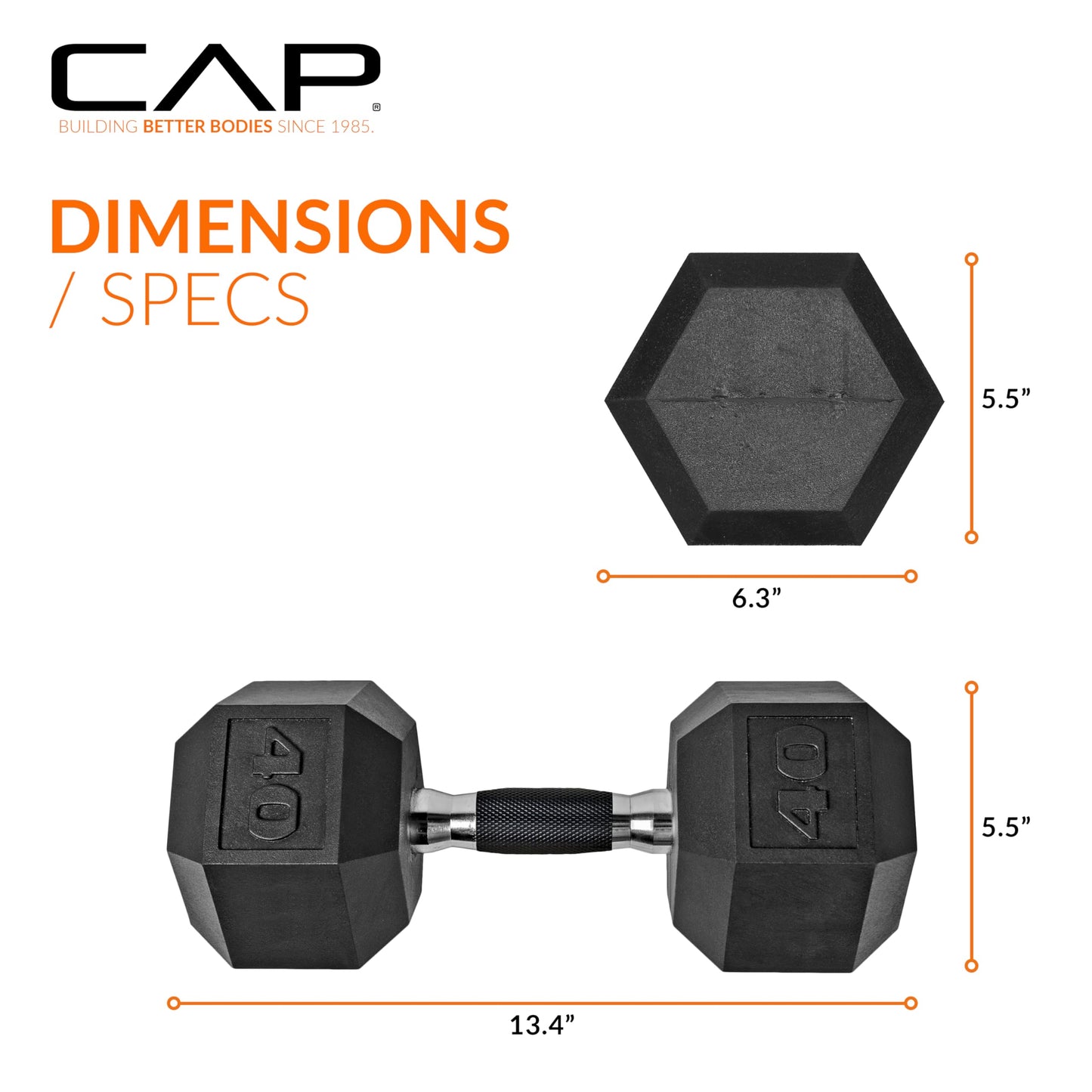 CAP 40lb Rubber Coated Hex Dumbbell, Comfort Grip, Free Weights, Single