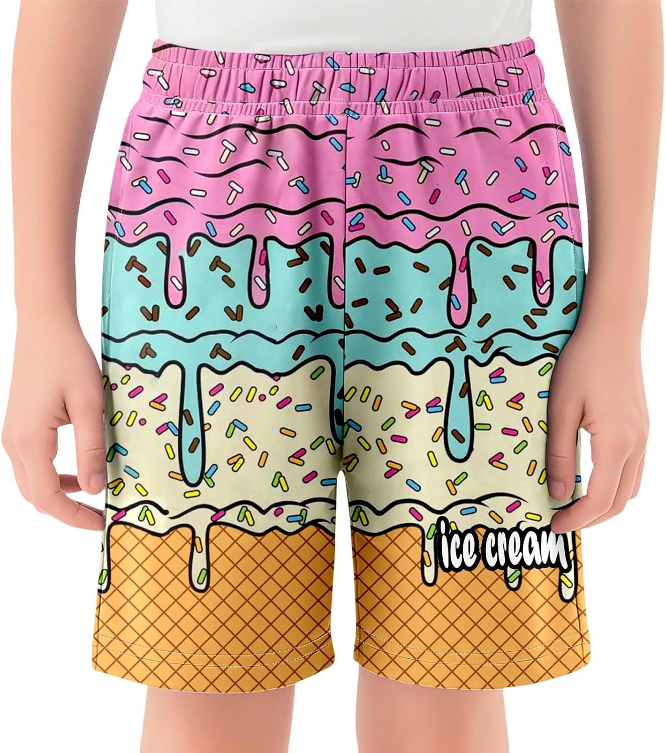 Ice Cream Shorts Boys Girls Elastic Waist Summer Cool Athletic Preppy Ice Cream Drip Baseball Shorts with Pockets