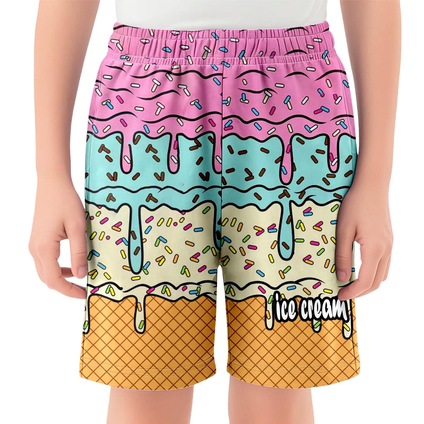 Ice Cream Shorts Boys Casual Elastic Waist Short-Pants Summer Cute Preppy Ice Cream Drip Baseball Shorts with Pockets 2-14 Y