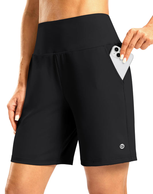 G Gradual Women's Athletic Shorts with Zipper Pocket 7" High Waisted Stretchy Bermuda Shorts for Women Workout Running Casual(Black,L)