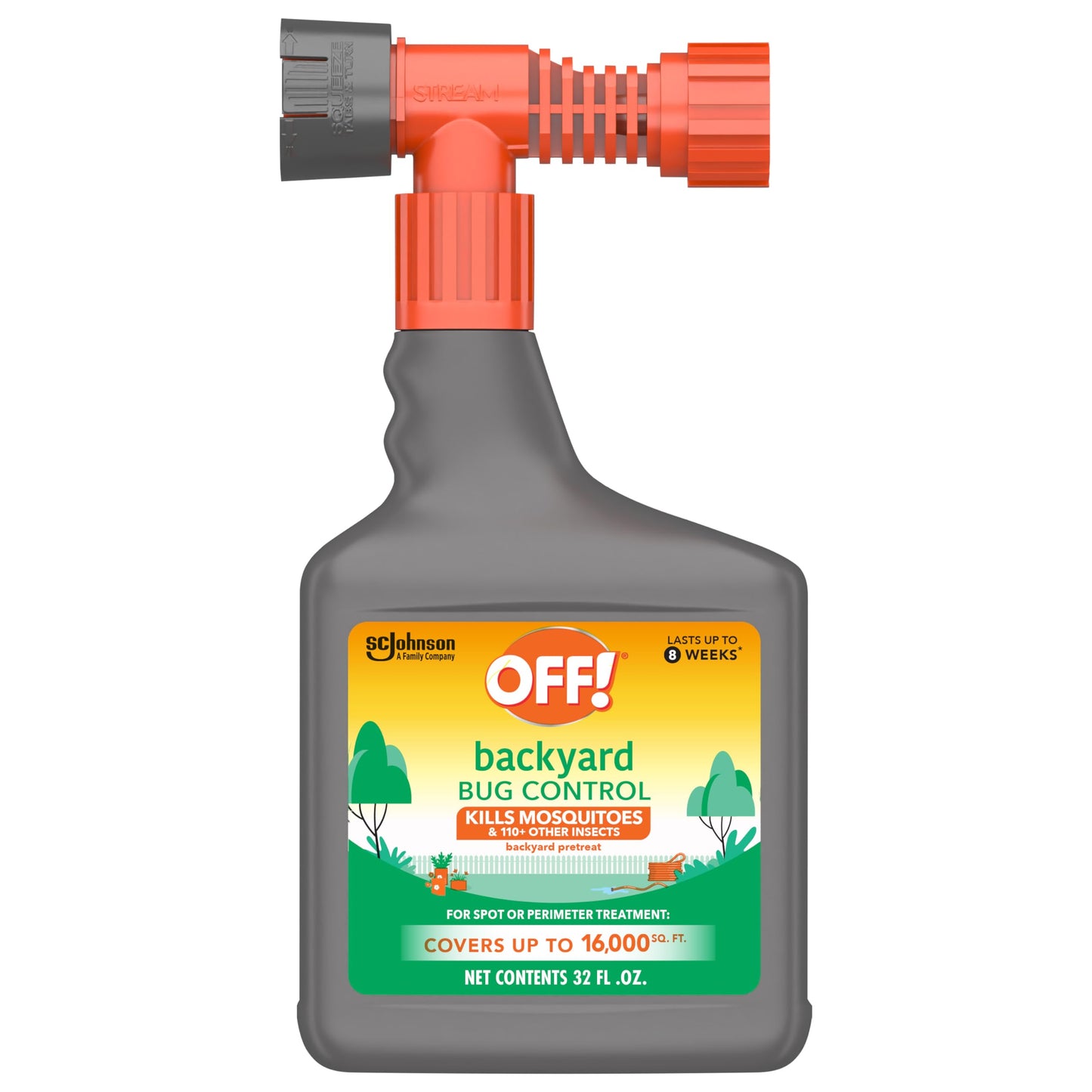 OFF! Backyard Bug Control Pretreat, 32 oz, Outdoor Bug Treatment, Covers up to 16,000 sq. ft., Kills for up to 8 Weeks, With a Convenient Hose Connection