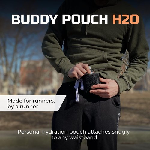 Running Buddy Magnetic H2O Pouch - Black | 4x4 in, Includes 7 Oz Water Bottle | Runners Hydration Bottle Holder | Beltless, No Chafe, No Bounce | Great for Running, Walking & Travel | for Men & Women