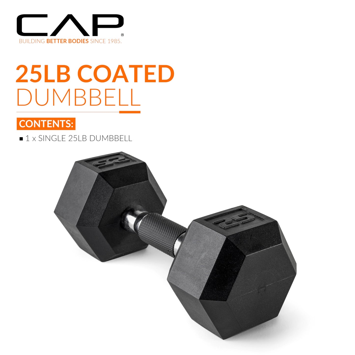 CAP 25 LB Rubber Coated Hex Dumbbell Weight, Rubber Free Weights for Home Gym Strength Training, Comfort Grip Handle, Single