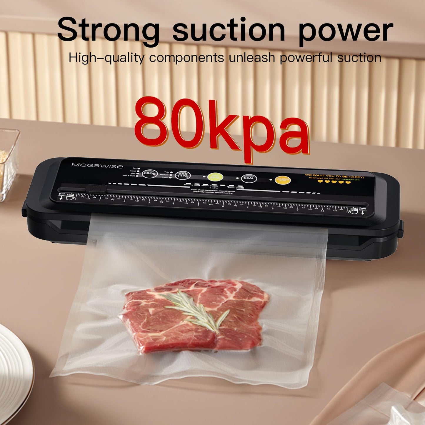 MEGAWISE Food Vacuum Sealer w/Starter Kit with Accessory Hose for Wide and Regular Mouth Sealer, Compact Design with 10 Vacuum Bags & Built-in Cutter