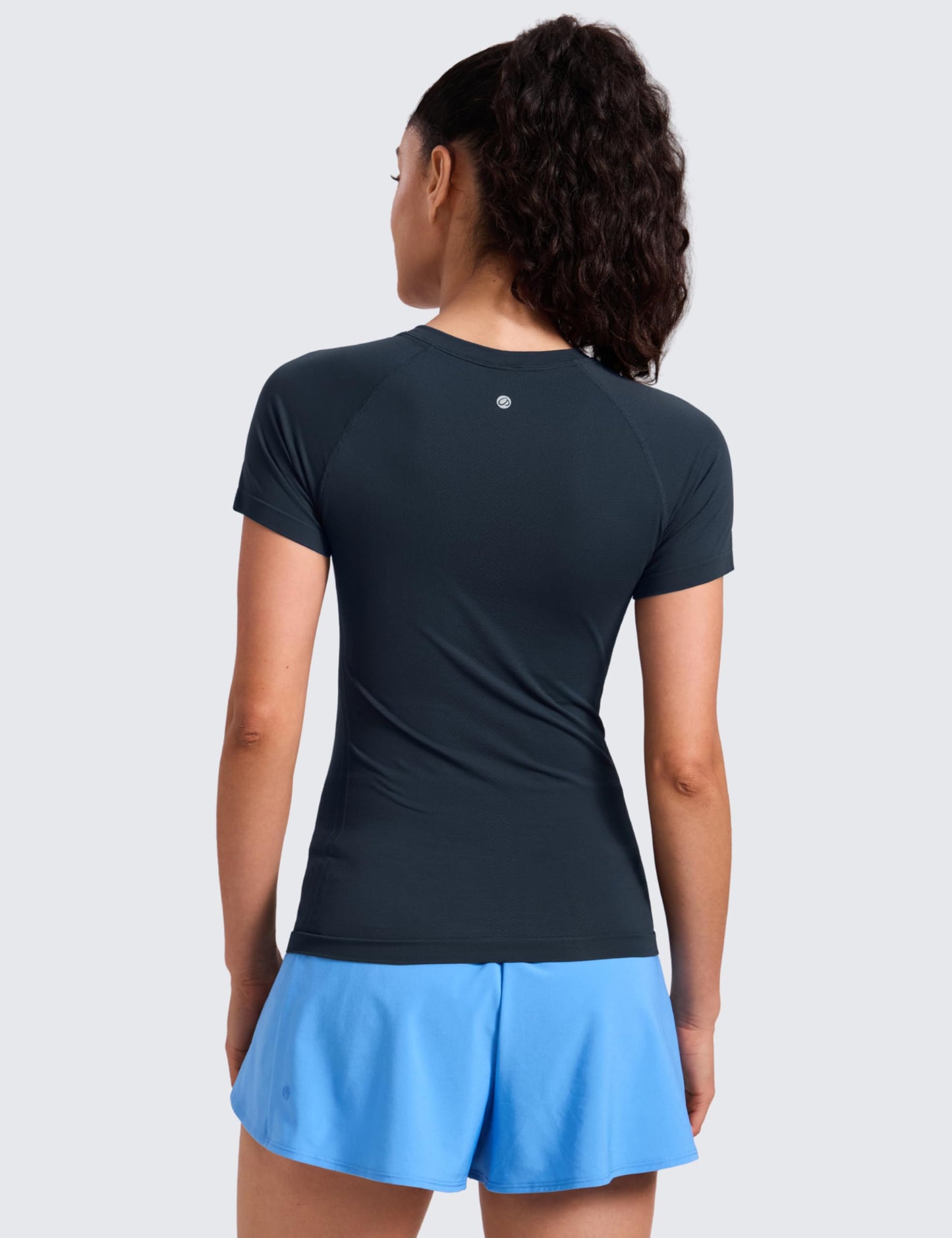 CRZ YOGA Seamless Workout Tops for Women Short Sleeve Athletic Tees Breathable Gym Running Yoga Shirts Twilight Blue Medium