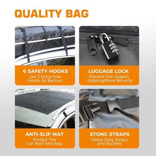 Kingfun Rooftop Cargo Carrier - Waterproof 20 Cubic Feet Car Roof Bag for All Vechicles with/Without Racks, Includes Anti-Slip Mat, 8 Reinforced Straps, 6 Door Hooks, Luggage Lock (Black)