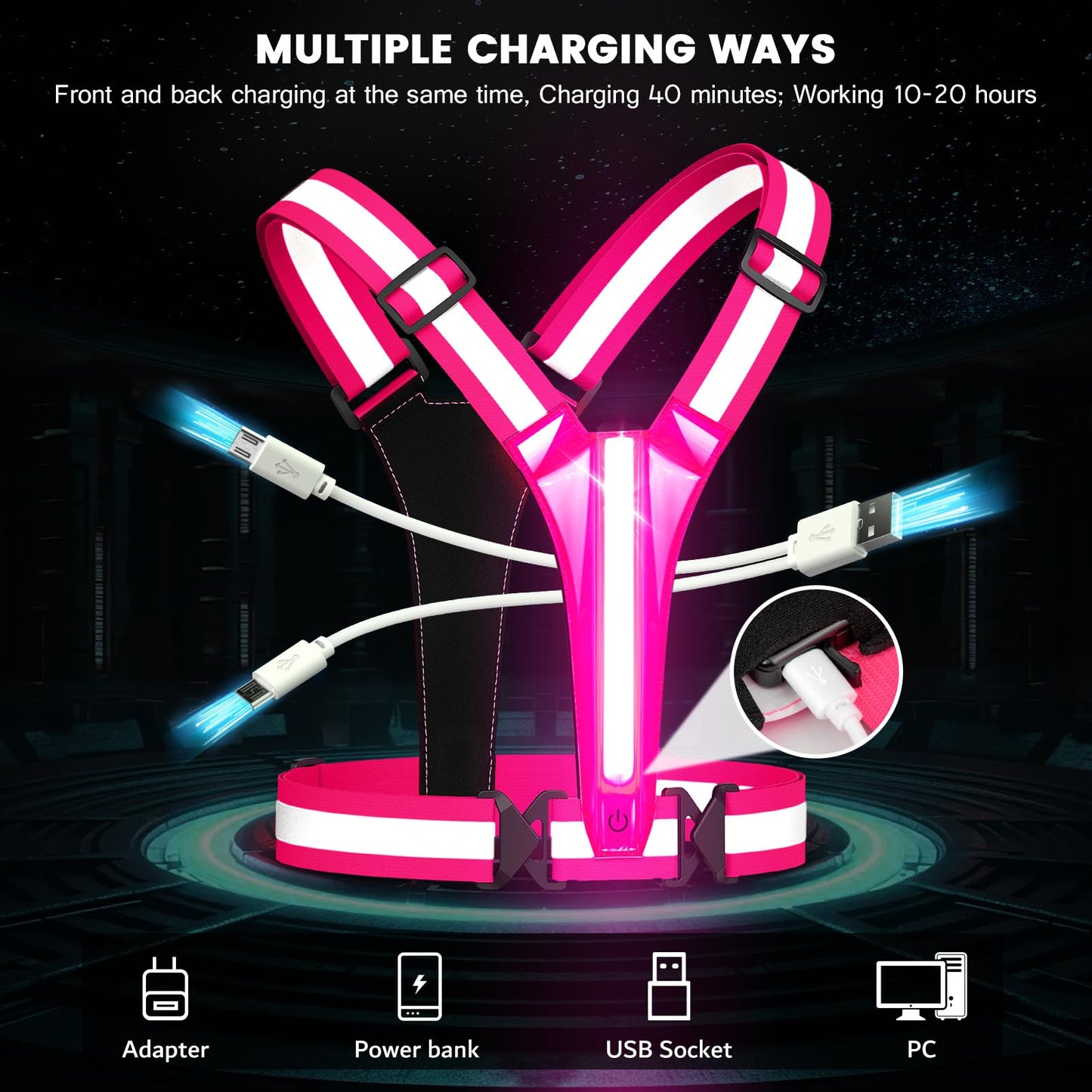 Fokia Kunbio LED Reflective Running Vest Gear,Light Up Vest Runners Night Walking USB Rechargeable,Up to 11hrs Light with Adjustable Waist/Shoulder for Women Men Kids (Pink)