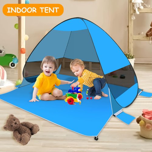 Beach Tent Sun Shelter, Outdoor Tent for 1-4 Persons, Beach Tent Easy Pop Up, with Carrying Bag and 6 Ground Pegs for Family Outdoor Adventures, Camping, Picnics (Blue)