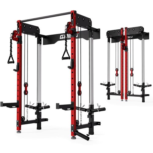 GOIMU Folding Squat Rack, Wall Mounted Power Rack with Cable Crossover Machine & LAT Pull Down, Functional Trainer(Only Cage, Red)