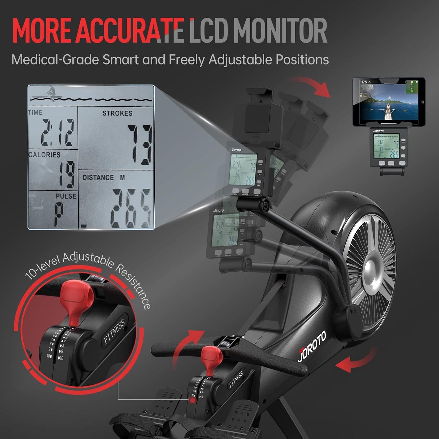 JOROTO Rowing Machine for Home Foldable, Air Magnetic Rowing Machines with 10-Level Adjustable Resistance, Quiet Ergonomic Seat，Bluetooth App, Max 350LBS, Space-Saving Home Gym, Gray