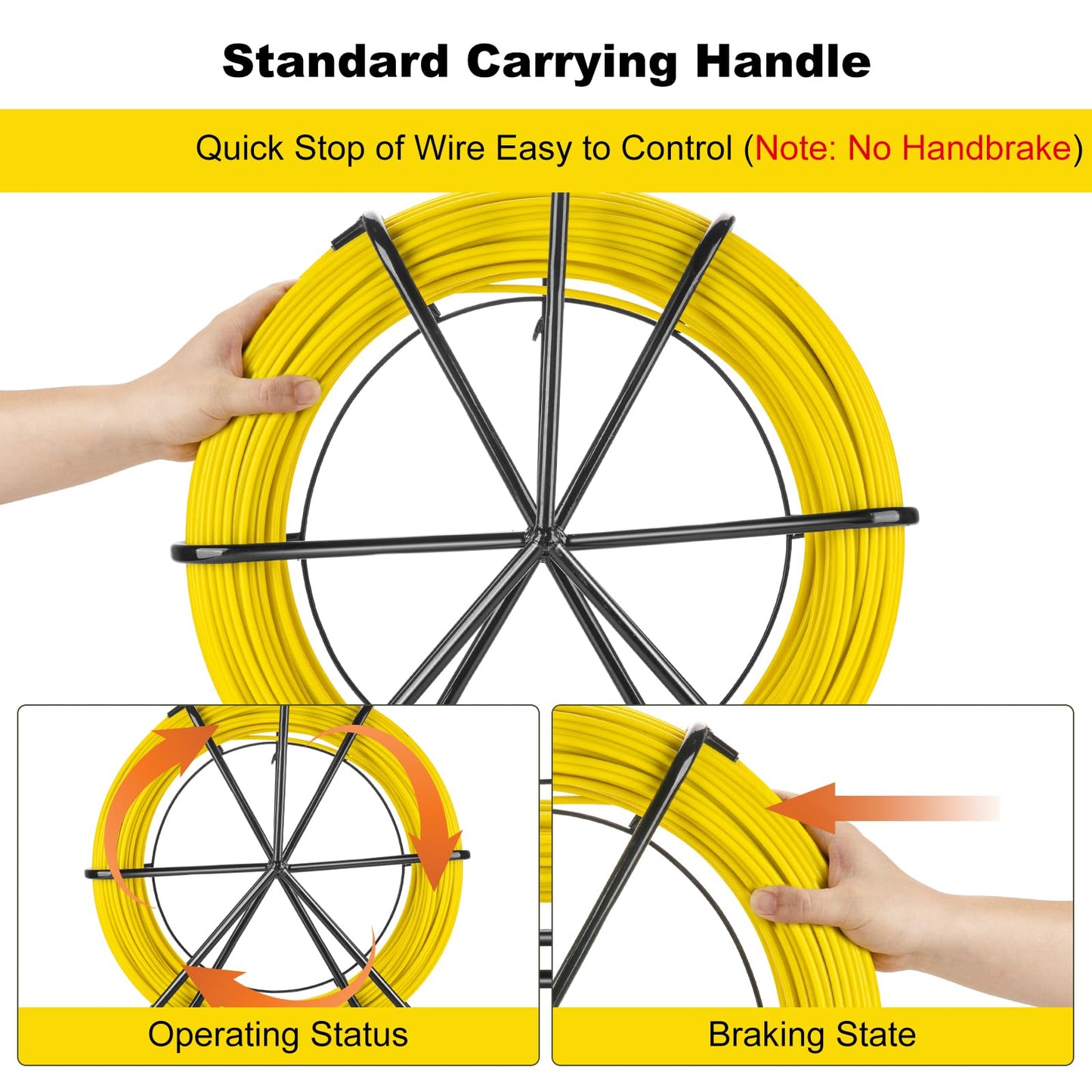 Non-Conductive Fiberglass Fish Tape Duct Rodder, 6mm x 200m (656ft) with Steel Reel Stand, Professional Cable Puller for Electrical Conduit and Wall Installation