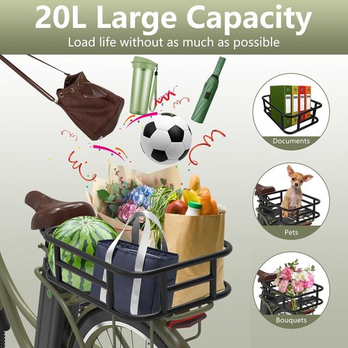 Rear Bike Basket,Bike Basket with Waterproof Liner and Cargo Net,Easy to Install,Maximum Load 100LB,Large Adults Bicycle Baskets Back of E-Bike and Bicycle