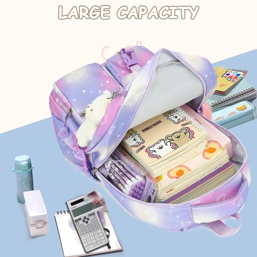 HuiLeo Kids Backpack for Girls Cute School backpack with Lunch Box Kawaii Book Bag Set for Primary Elementary School,Purple