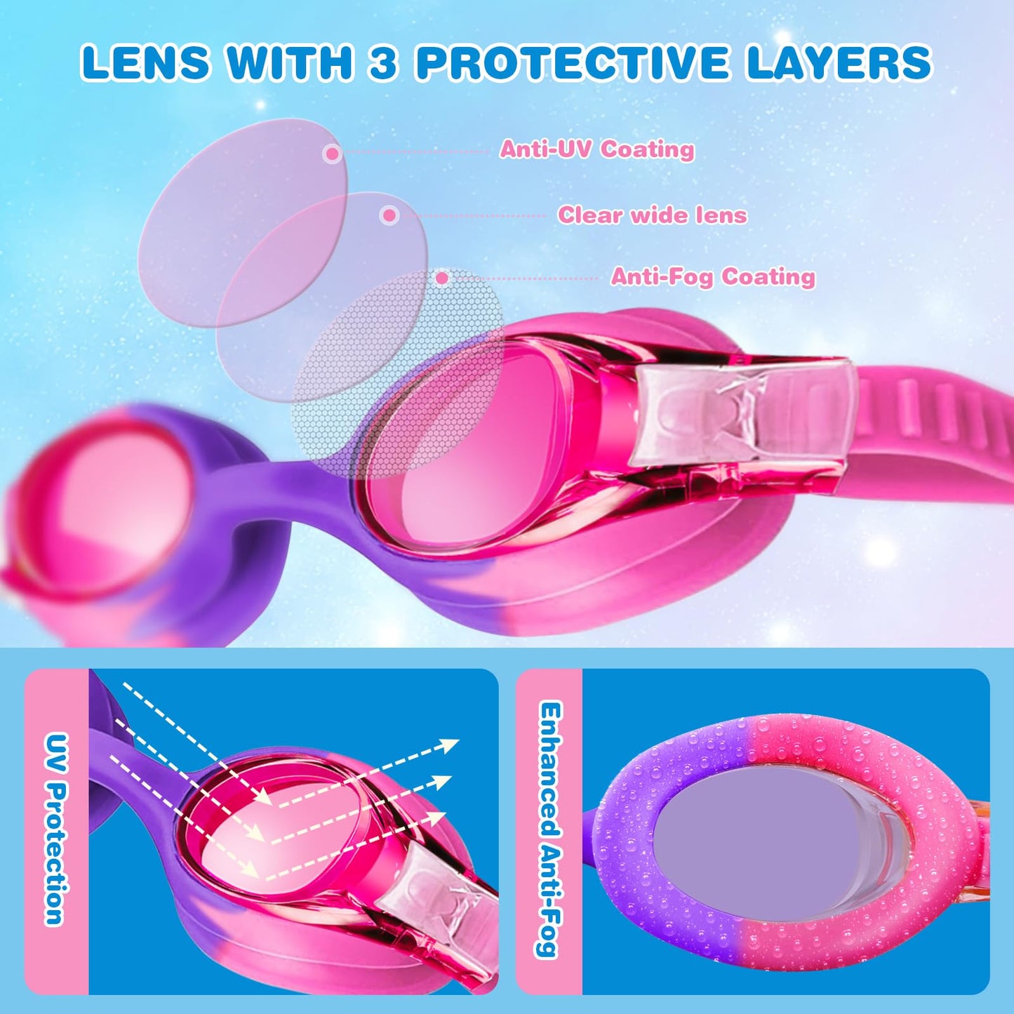 FOGULO 4 Pack Kids Swim Goggles 4-14, Anti-Fog Swimming Goggles with UV Protection and Adjustable Bungee Strap, Boy and Girl Waterproof Goggles with Nose Clips and Earplugs for Pool