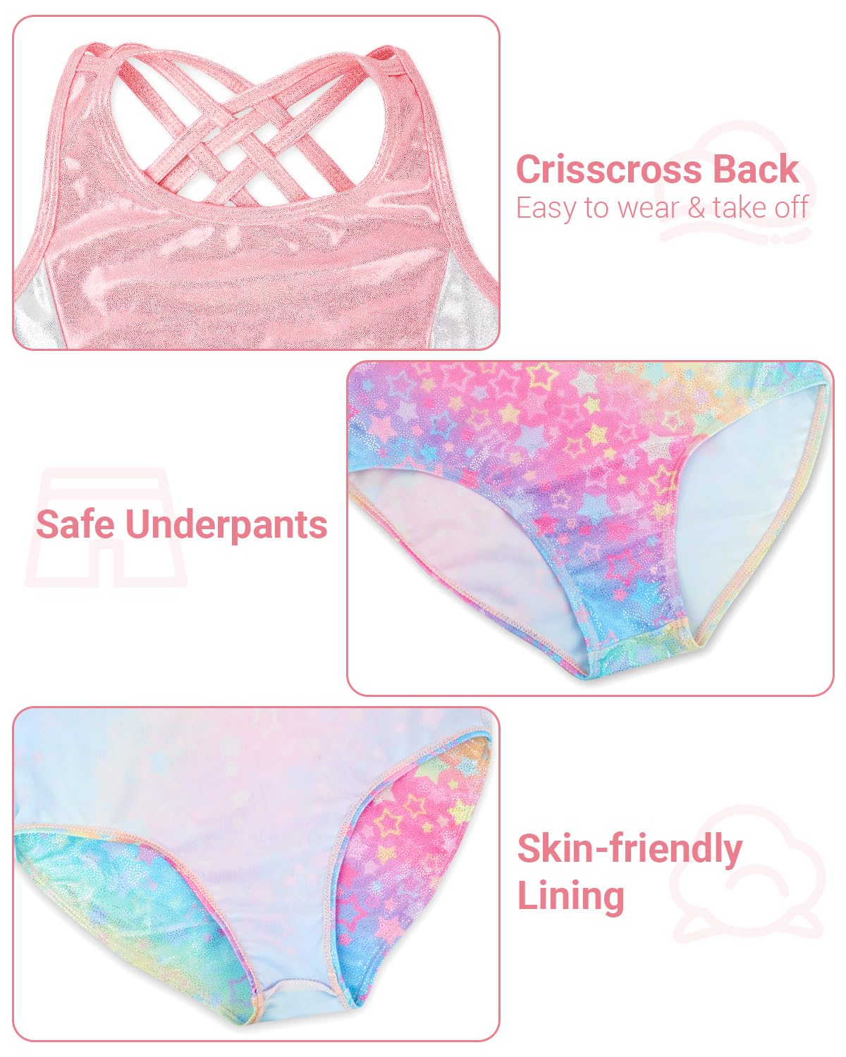 JiAmy Gymnastics Leotards for Girls with Cross Back, Sparkly Dance Unitards with Shorts Biketards Outfit Pink Stars 6-7 years