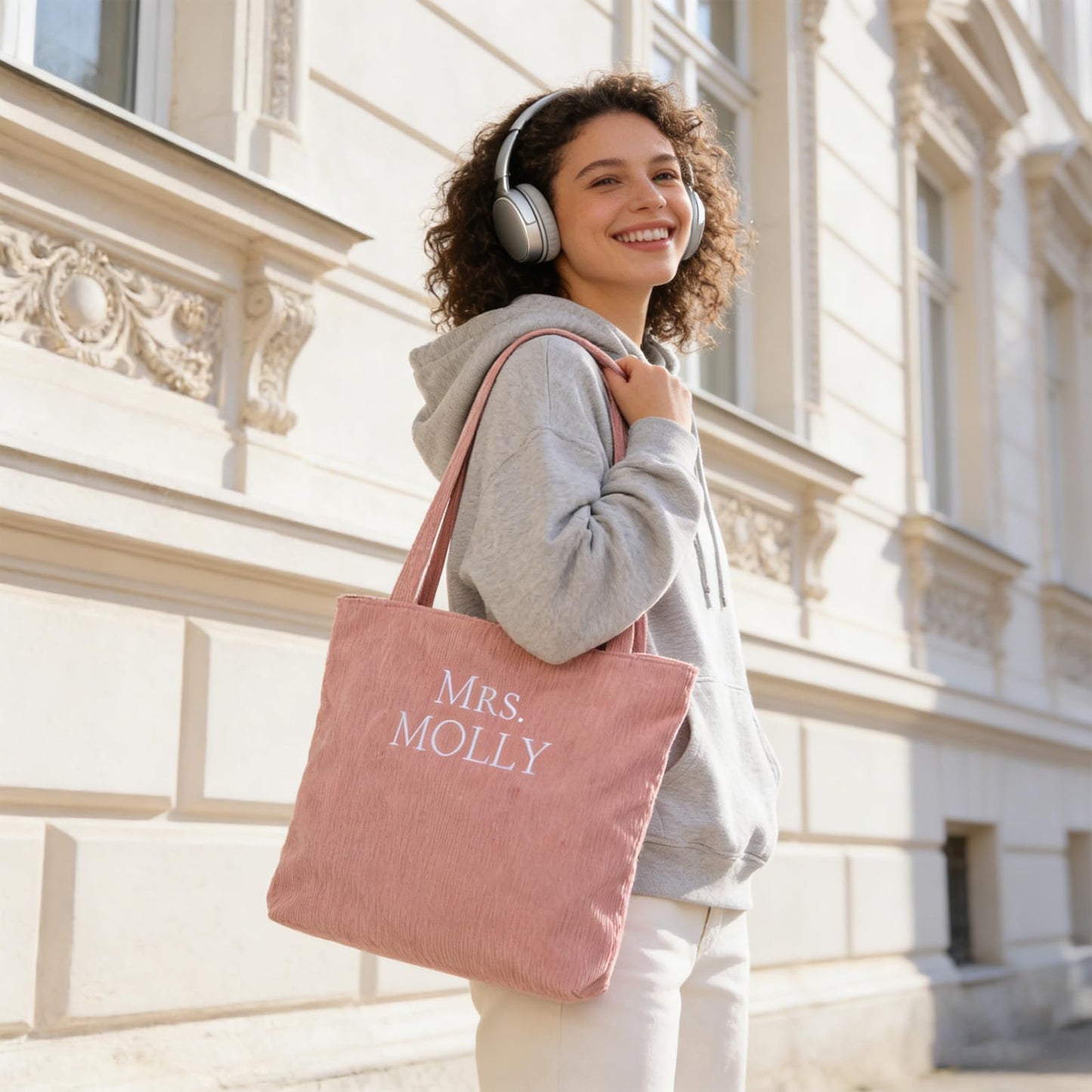 Corduroy Tote Bag for Women, Initial Tote Bag, Personalized Zipper Shoulder Bags Embroidered with Letter, Monogrammed Travel Handbags, Gift for Birthday, Bachelorette, Wedding Faver（Pink