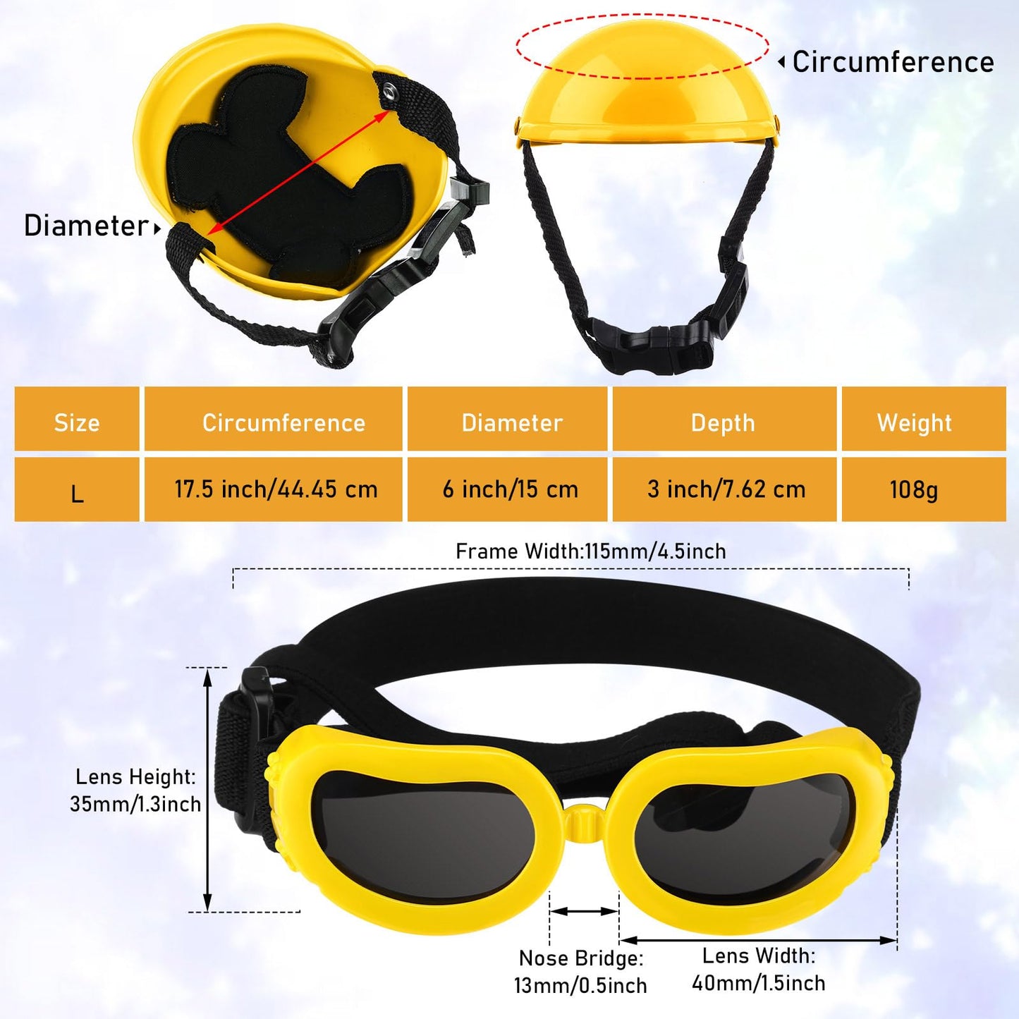 Frienda Dog Helmet and Goggles, UV Protection Doggy Sunglasses and 4 Inch Padded Puppy Motorcycle Helmet Adorable Dog Goggles with Adjustable Belt for Small Dogs Puppy Riding(Yellow,L)