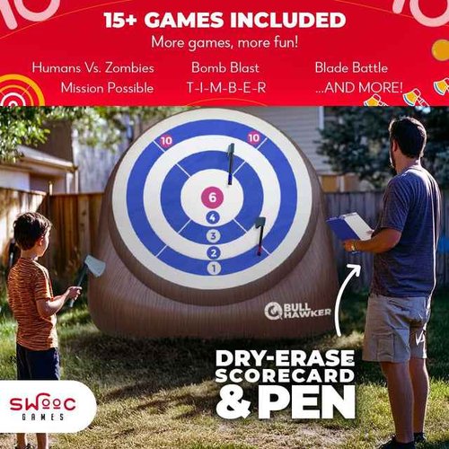 SWOOC Games - Bull Hawker??| Giant Axe Darts (Over 6ft Tall) w/ 15+ Games | Axe Throwing Game for Backyard w/Air Pump | Outdoor Games for Adults and Family | Carnival Games | Throwing Axe Yard Games
